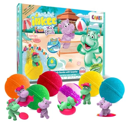 INKEE Fun Beach Gift Box with 6 Kids Bath Bombs – Bubble Bath Fizzies for Children Age 3 Plus – Includes 6 Collectible Hippo Bath Toys – Surprise Toy Bath Set for Girls and Boys