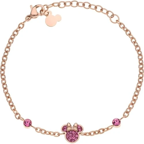 Disney Minnie Mädchen-Armband, Edelstahl, Zirconia Kristall, 13+5cm, Schmuck, Rosa