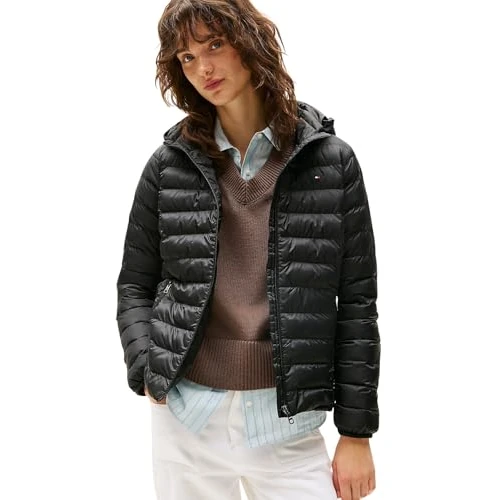 Tommy Hilfiger Veste en duvet Femme Padded Global Stripe Jacket avec Capuche, Noir (Black), S