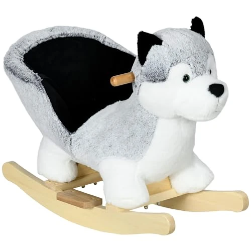 HOMCOM Husky Hundeschaukelpferd, Spielzeug für Kinder von 18-36 Monaten mit gepolstertem Sitz und Sicherheitsgurt, 60x33x50cm, grau