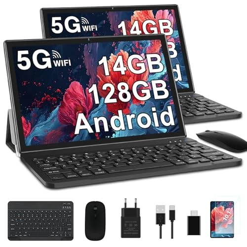 2024 Tablet 10 Inch 14GB RAM + 128GB ROM, Android 13 5G + 2.4G WiFi, 2.0 GHz Core, 1280 x 800, GPS, 8MP + 5MP, Type C, OTG, Cast, Bluetooth 5.0, with Protective Case, Keyboard and Mouse Black