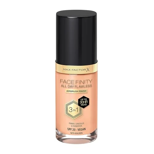 Limited-time offer: Max Factor Facefinity All Day Flawless Foundation - Concealer, 3-in-1 Liquid Foundation & Face Primer, Vegan Formula, Modular Cover, Up to 30 Hours Hold, SPF20-N75 Gold, 30 ml from 9.74 £ to 9.74 £ (save 0.00%)