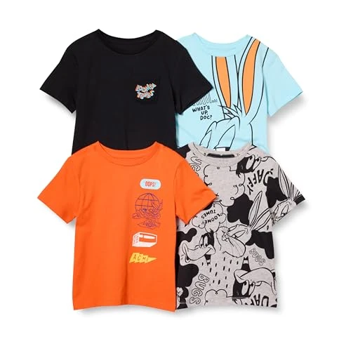 Amazon Essentials Looney Tunes Jungen Kurzärmelige T-Shirts, 4er-Pack, Looney Tunes Bugs, 10 Jahre