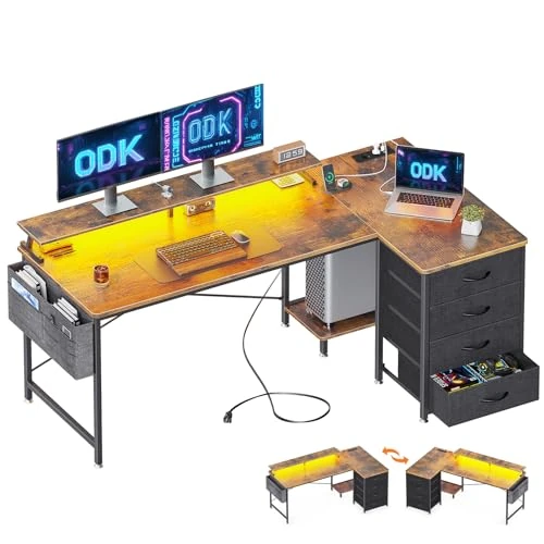 Offerta a tempo: ODK Scrivania Angolare Reversibile, 160x80x84.7cm Scrivania da Gaming con LED — 21% da 164,99 € a 129,99 €