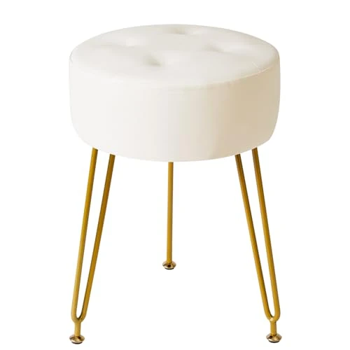 Offerta a tempo: IBUYKE Faux Leather rotondo poggiapiedi sgabello, trucco Vanity Sgabello Side Table, PU Dressing Table Seat, Pouf Couch Sgabello, gambe d'acciaio dorate, bianco - 0.00% da 36.99 € a 36.99 €