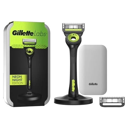 Gillette LABS MĘSKA RAŹNIA, z 2 zapasowymi ostrzami do brody, magnetyczną podstawą i wbudowanym paskiem eliminuje zanieczyszczenia skóry, łatwe golenie, optymalny komfort, ETUI PODRÓŻNE, czarny i