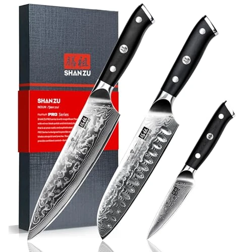 Oferta limitada: SHAN ZU 3 Piezas Juego de Cuchillo de Cocina Damasco, Set Cuchillo de Cocina Japones de Acero Damasco de 67 Capas, Cuchillo de Chef Cuchillo Santoku Cuchillo Pelador - PRO Series de 113.97 EUR a 113.97 EUR (ahorro 29%)