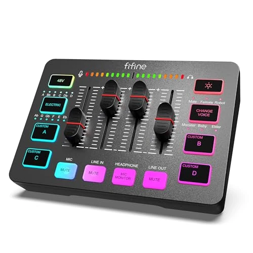 FIFINE Gaming Audio Mixer, Streaming RGB PC Mixer with XLR Microphone Interface, Individual Control, Volume Control, Mute Button, 48V Phantom Power, for Podcast Recording