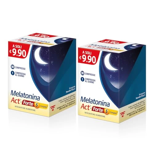 Offerta a tempo: Melatonina Act + Forte 5 Complex, Integratore Alimentare a Base di Melatonina 1MG + 5 Complex, 2 Confezioni da 90 Compresse (Totale 180 Compresse) - 42% da 17.82 € a 10.34 €