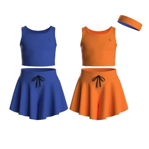 Essenclo Flowy Girls Butterfly Shorts Skirts w/Pockets & Athletic Sleeveless Tank Tops, Dance Tennis Cheer Running (5pc Set) - E2106 - Set-8-7-8