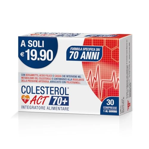 Offerta a tempo: Colesterol Act 70+, Integratore Alimentare che Aiuta a Mantenere i livelli Normali di Colesterolo nel Sangue, a base di Bergamotto, Acido Folico e Caigua, 1 Confezione da 30 Compresse - 33% da 19.90 € a 13.39 €