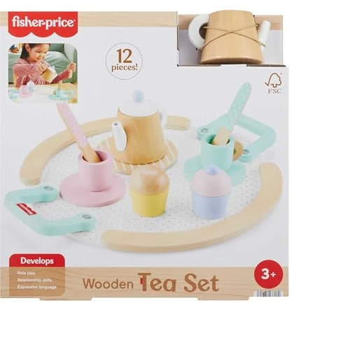Offerta a tempo: Fisher-Price - Servizio da Tè in Legno, set giocattolo con teiera, tazze e piattini, 12 accessori in legno inclusi, giocattolo per bambini, 3+ anni, HXT82 - 49% da 34.99 € a 17.99 €