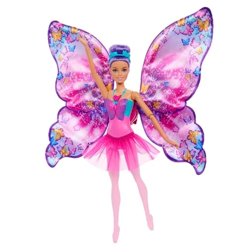 Barbie De Danseuse à Papillon Poupée Transformation 2 en 1 avec ailes qui s’ouvrent, cheveux violets, serre-tête et tutu amovible, HXJ10