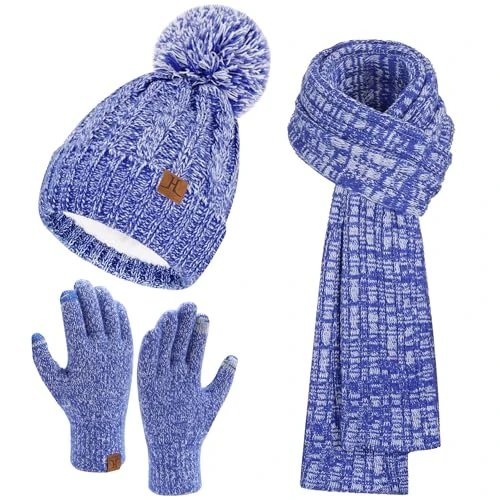 Bequemer Laden Damen Winter Warm Beanie Mütze Touchscreen Handschuhe Lang Schal Set mit Fleece Gefüttert, Thermo Wintermütze Strickmütze mit Bommel Schals Winterhandschuhe Frauen Geschenk, Blau