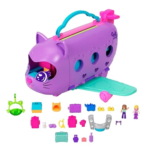Polly Pocket Poppen en Speelset, Kitty Airways Vliegtuig, Reisspeelgoed met 2 Minipoppen en Huisdier, Draaiend Podium en Accessoires, HWP19