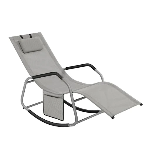 Offerta a tempo: SONGMICS Sedia a Dondolo, Sedia a Sdraio con Fermi Antiribaltamento, Cuscino Regolabile, Telaio in Acciaio, Tessuto Respirante, Tasca Portaoggetti, 156,2 x 97,3 x 151 cm, Grigio Tortora GCB230G01 - 42% da 81.99 € a 47.87 €