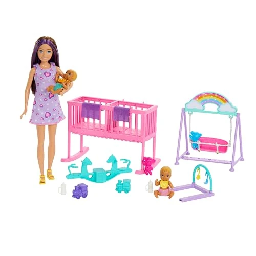 Begrenztes Angebot: Barbie Skipper-Puppe und Kinderzimmer mit Zubehör, enthält Zwillingsbabypuppen, 1 Bettchen, 1 Schaukel, 1 Wippe und mehr, HXM99 von 34.99 EUR auf 32.19 EUR (Rabatt 8%)