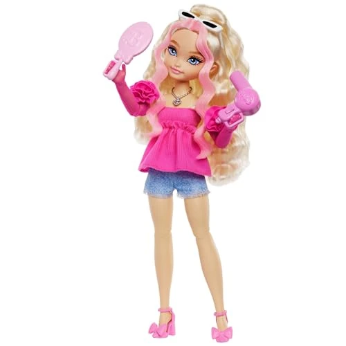 Barbie Dream Besties Puppe und Accessoires, bewegliche Barbie Malibu“ Modepuppe mit welligem blonden Haar, 11 Teile zum Thema Make-up und Haare, HYC21