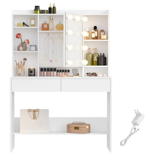 Offerta a tempo: VASAGLE Collezione KAILYN - Toeletta con 9 Luci LED, 3 Toni di Luce e Luminosità Regolabile, Tavolo da Trucco con Specchio, Ripiani Regolabili, 2 Cassetti, Bianco Nuvola RDT126WB01 - 16% da 109.99 € a 92.79 €