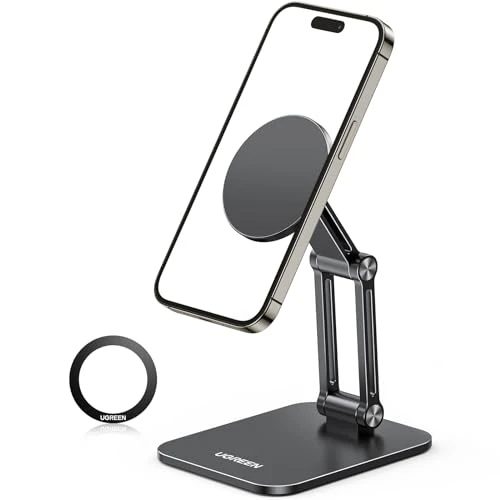 UGREEN Soporte Magnético Magsafe para Teléfono de Escritorio Plegable con Anillo de Metal, Stand para Móvil de Mesa, Compatible con iPhone 16/15/14/13, Galaxy S23 Negro