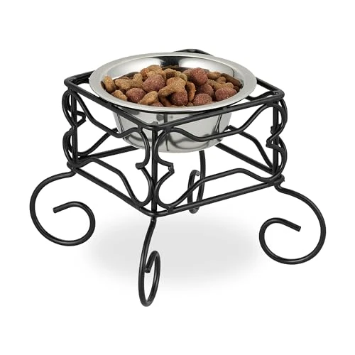 Relaxdays Ciotola Rialzata per Cani, Alzatina con Scodella, 300 ml, Ferro e Acciaio Inox 15,5 x 18 x 18 cm, Nero Argento