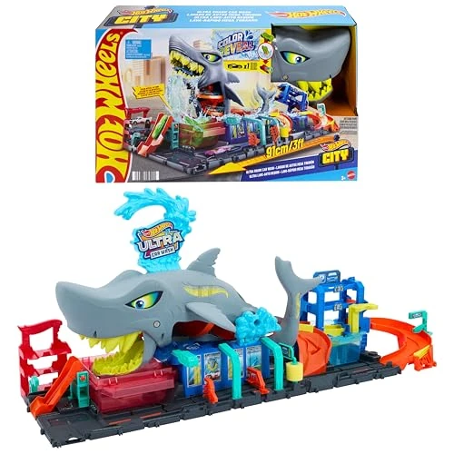 Oferta limitada: Hot Wheels City “Let's Race - ¡a correr!” Netflix - Túnel de lavado de coches con tiburón, pista para coches de juguete, incluye 1 vehículo que cambia de color con agua, juguete +4 años (HTN82) de 59.99 € a 49.99 € (ahorro 17%)