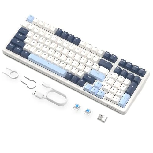 Oferta limitada: FREEWOLF K8 Teclado Mecánico Inalámbrico de Intercambio en Caliente para Juegos, Teclado Retroiluminado RGB, Interruptor Azul, Bluetooth/2,4 GHz/USB-C, 4000 mAh, para Mac/Win, QWERTY - Azul/Blanco de 59.99 EUR a 35.99 EUR (ahorro 40%)