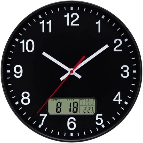 VIVILINEN Lautlos Wanduhr mit Kalender und Temperaturanzeige Modern Quarzuhr Ohne Tickgeräusche für Wohnzimmer Schlafzimmer Büro Küche 30cm (Schwarz)
