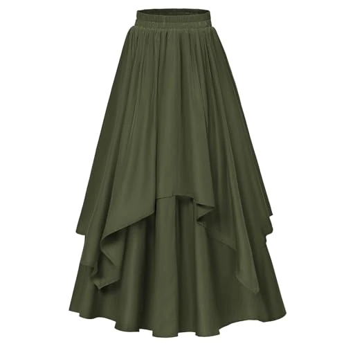 Offerta a tempo: Gonna da donna elastica a vita alta, linea ad A, maxi gonna bohémien, rinascimentale, vintage, per feste, con dettagli a strati, verde militare, XL - 38% da 36.99 € a 22.99 €