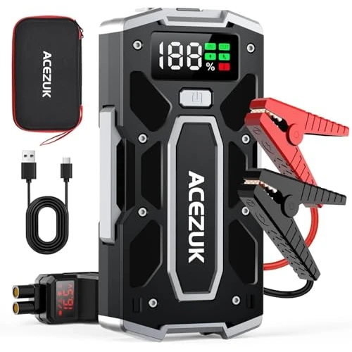 ACEZUK Arrancador de Coches 8000A, Arrancadores de Bateria de Coche Portátil(hasta 8.0L de diésel o 10.0L de Gasolina), 12V Jump Starter, Pinzas Inteligentes con Pantalla, Luz LED, Puerto QC3.0