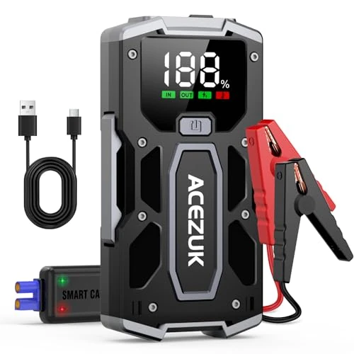 ACEZUK Booster Batterie Voiture 6000A, Démarreur de Voiture Portable (Jusqu'à 5.5L Diesel ou 7.0L Gaz), 12V Jump Starter avec 2.5 inch Écran LCD, Pinces de Sûreté Intelligentes, Lumière LED