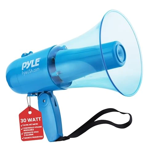 Offerta a tempo: Pyle Megafono Portatile 30 Watt Impermeabile con Sirena e Registrazione, Altoparlante a Batteria per Uso Interno ed Esterno, Portata 400 m, Blu Trasparente, Sport, Calcio, Basket, Baseball, Polizia - 0% da 31.82 € a 31.82 €