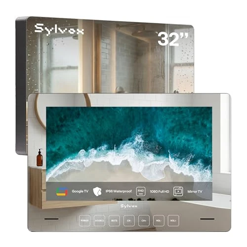 Offerta a tempo: SYLVOX 32 Pollici Specchio TV, Smart Google Television 1080P FHD Mirror Montaggio Parete Design Televisore IP66 impermeabile, DVB-C/T2/S2 | WiFi, Google Assistant, per Doccia, Bagno - 0.00% da 849.00 € a 849.00 €