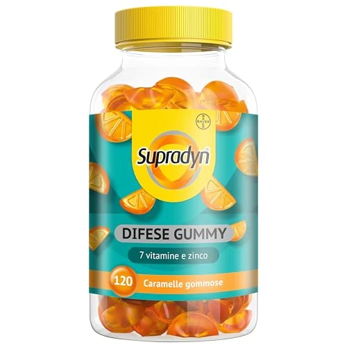 Offerta a tempo: Supradyn Difese Gummy Multivitaminico Caramelle, Integratore Multivitaminico Difese Immunitarie Adulti con 7 Vitamine e Zinco, Vitamina D, Vitamina C, 120 Vitamine Gommose Gusto Arancia - 21% da 22.80 € a 17.99 €