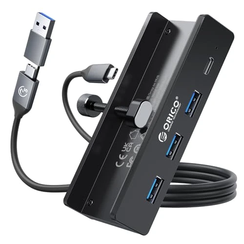 ORICO USB Hub, Aluminium USB 3.0 Hub Clip with 5 V Power Supply Connection, 5 Gbps 4 Port USB Splitter with 3 USB-A 3.0 and 1 USB-C 3.0, 100 cm Cable (C to A/C), for Monitors, Desks, Black