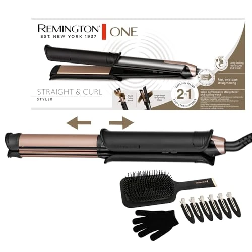 Remington One Straight&Curl Hair Straightener & Curl (Flexible Tips: Smoothing Mode and Curls 32 mm, Locking Plates, Temperature Control 150-230 °C, Brush and Tweezers Included) S6078