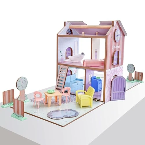 KidKraft Play & Store Cottage poppenhuis van hout met meubels en accessoires voor mini-pop, speelset voor minipoppen, speelgoed voor kinderen vanaf 3 jaar, 20510