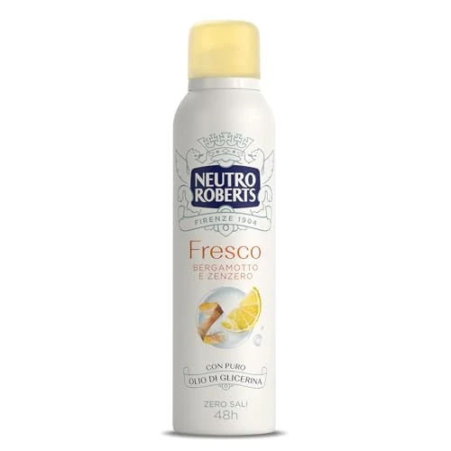 Neutro Roberts, Deodorante Spray Fresco Giallo, Bergamotto e Zenzero, Zero Sali di Alluminio, Zero Macchie, con Puro Olio di Glicerina, Deodorante Uomo e Donna, Dermatologicamente testato, 150 ml, 48h