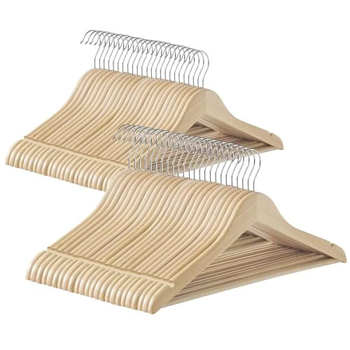 SONGMICS Perchas de Madera, 48 Unidades, Perchas para Abrigos, con Ranuras para los Hombros, Barra para Pantalones, Gancho Giratorio 360°, para Chaquetas Camisas Abrigos, Beige Natural CRW010N48