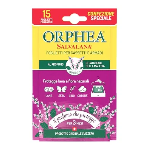 Orphea Salvalana, Einlagen für Schubladen und Schränke, schützt Wolle und Kleidung die ganze Saison, Duft von Patchouli aus Malaysia, wirkt für 12 Wochen – 15 Blatt