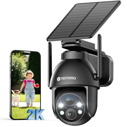 YESYAMO 2K Telecamera Wifi Esterno Senza Fili con Pannello Solare, Videocamera Sorveglianza Esterno a Batteria, 360° PTZ, Visione Notturna A Colori, Audio Bidirezionale, Allarmi Pir, 2.4GHz, IP66