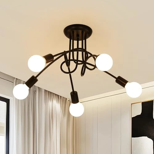 Comely Industrial Chandelier, 5 Lights E27 Sputnik Vintage Ceiling Light, Metal Ceiling Lamp for Living Room Bedroom Kitchen Dining Room, (Black)