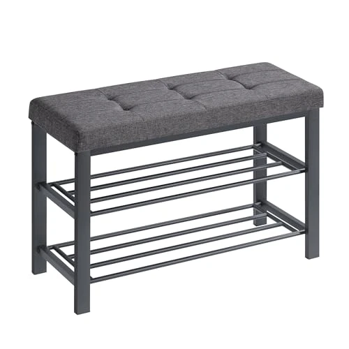 SONGMICS LBS057B01 ławka, 3-poziomowy stojak na buty do przedpokoju, organizer do przechowywania z wyściełanym pianką, len, metalowa rama, do salonu, przedpokoju, 31 x 81 x 49 cm, ciemnoszary i czarny