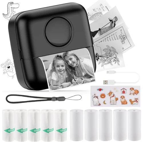 Mini-fotoprinter, thermische printer, fotografie, bonnetprinter, met 10 rollen papier, 1 sticker voor smartphone, voor fotografie, notities, memo-lijst (zwart)