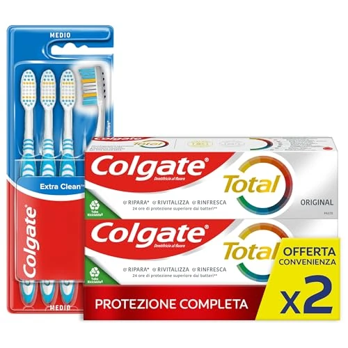 Offerta a tempo: Colgate Set Dentifricio Total Original 2x75 ml + Spazzolino Extraclean Confezione da 4 Pezzi I Pulizia profonda e protezione completa della bocca I Combatte i batteri e l'alito cattivo - 0.0% da 13.07 € a 13.07 €