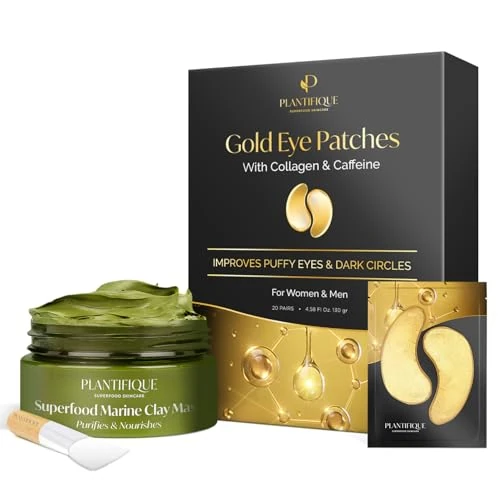 PLANTIFIQUE Mascarilla Facial Coreana de Arcilla Verde con Superalimentos - para Puntos Negros y Poros & Parches Ojos Bolsas y Ojeras - Mascarillas Dorados Antiarrugas y Antiojeras - 20 Pares