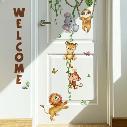 Begrenztes Angebot: Wandsticker DSCHUNGEL SPASS I Wandbild: 56x103 cm I Baby Wandtattoo Wald Tiere Tiger Löwe Affe Safari Deko Kinderzimmer I Tür Aufkleber Junge & Mädchen von 12.50 EUR auf 12.50 EUR (Rabatt 0%)