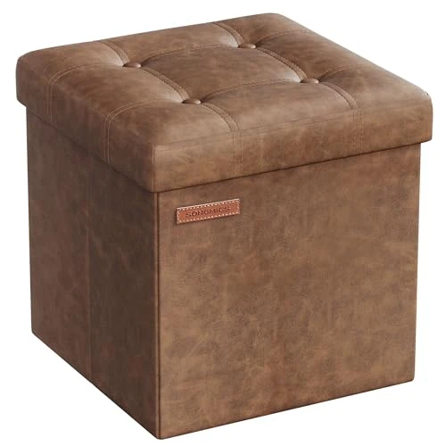 SONGMICS Puof Contenitore da 38 cm, Cassapanca Pieghevole, Poggiapiedi, PU, Portante di 300 kg, per Ingresso, Soggiorno, Camera da Letto, Marrone Caffè LSF030K11