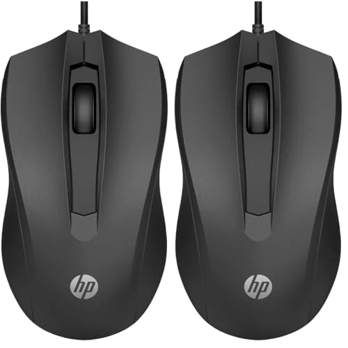 HP 100 - Ratón con Cable (1600 PPP, 2 Botones y Rueda de Desplazamiento, Conexión con Cable USB, Windows), Color Negro (Paquete de 2)