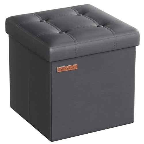 SONGMICS Taboret do siedzenia 38 cm, pudełko do przechowywania, składany, podnóżek z pokrywką, ze sztucznej skóry, obciążenie do 300 kg, do wejścia, salonu, sypialni, kolor szary łupkowy LSF030G11